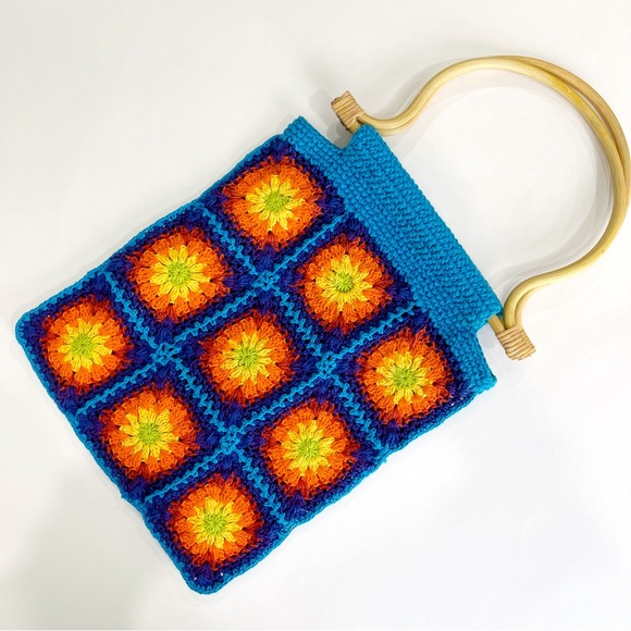 Crochet rainbow granny square bamboo purse turquoise Festival Bag - Picture 2 of 7